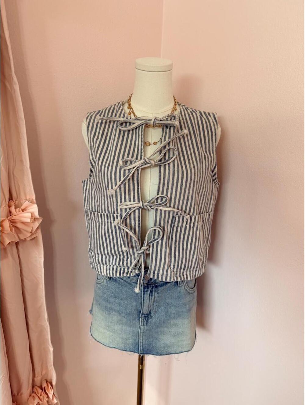 Daisy Street Blue Stripe Tie Front Denim Vest | Cottagecore Sleeveless Top